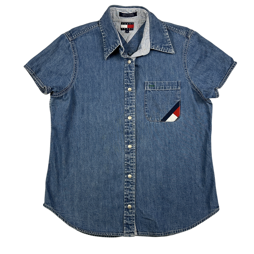 Tommy Jeans Shirt Womens Size 6 Short Sleeve Denim Button Up Pocket Logo